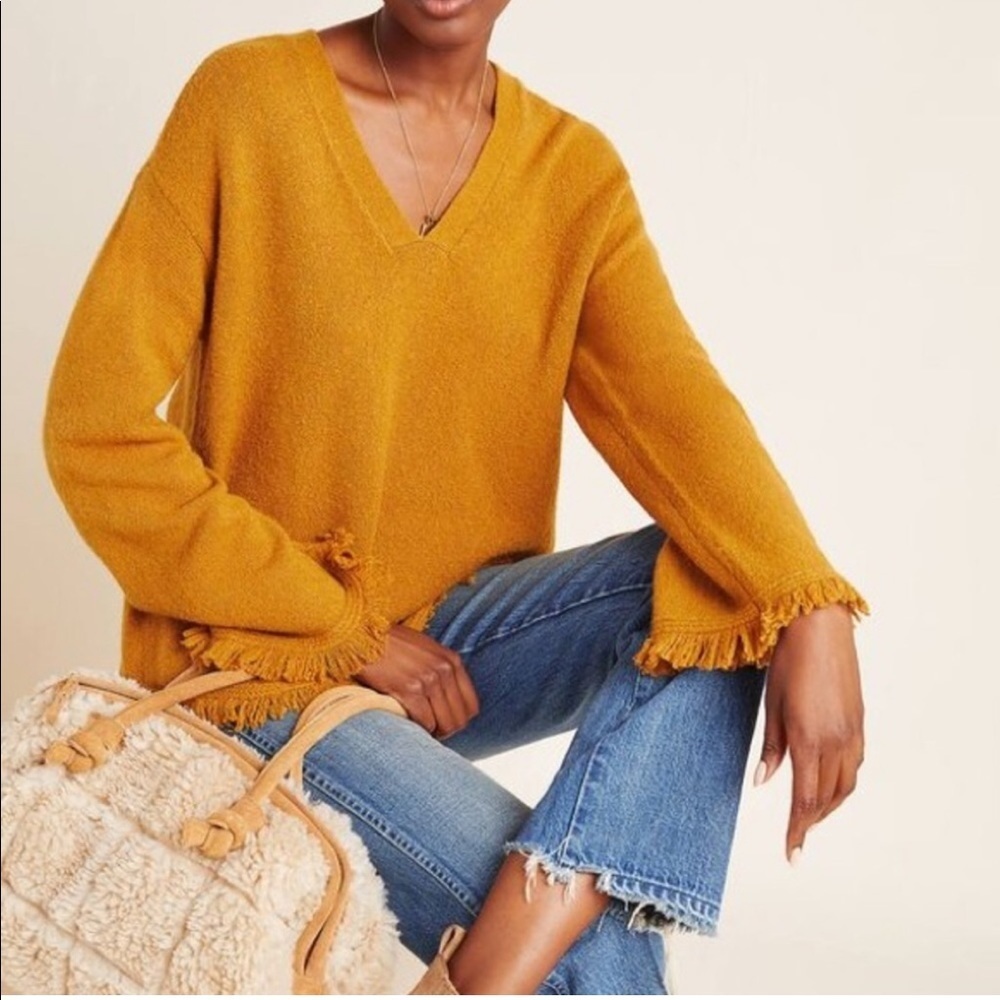 Anthro Joy Wool Alpaca V Neck Sweater Fringe Trim Maize S